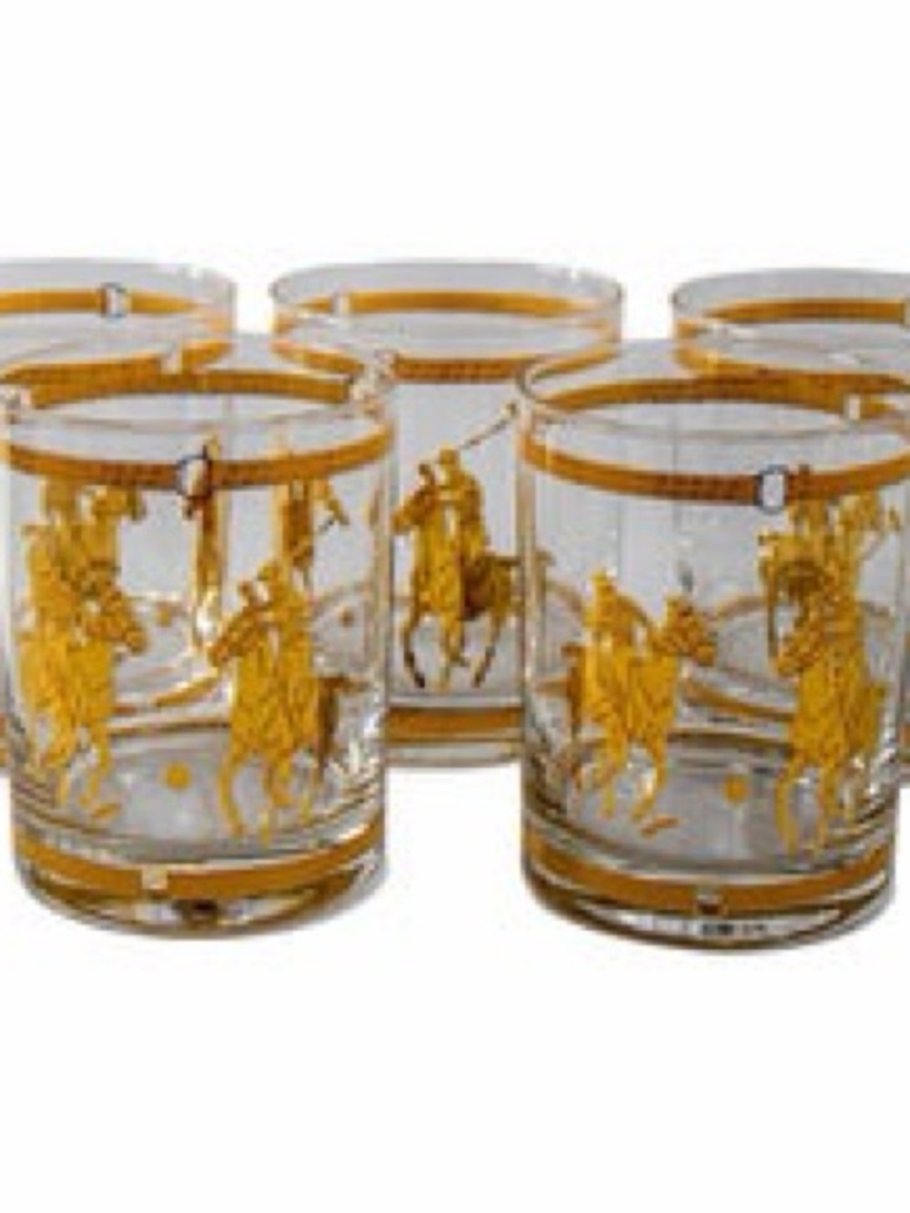 Set of Five Equestrian Polo on The Rocks Glasses Barware Culver 22 Karat Gold
